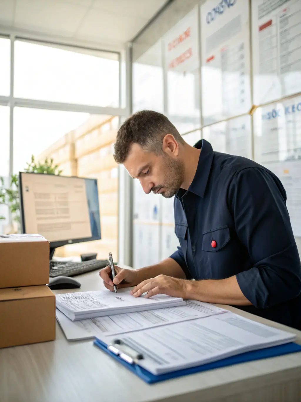 An image showing a customs clearance process, with documents and a customs officer, emphasizing the importance of compliance with international trade regulations.